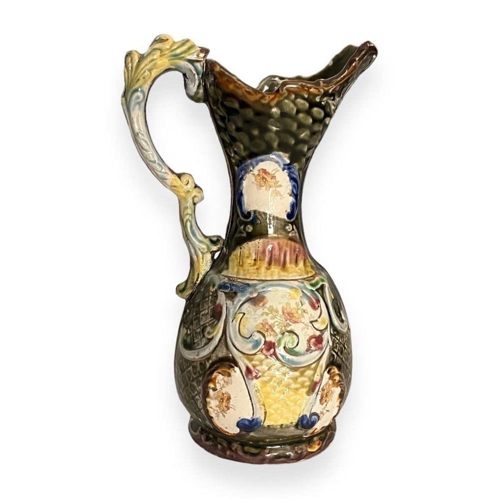 Majolica Ewer‎ Ceramic Floral Pottery Vase Pitcher England Blue Color Vintage